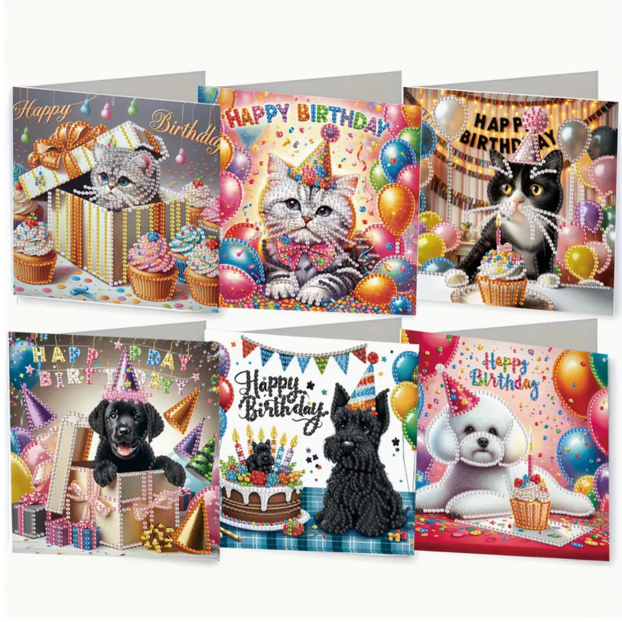 6 stk diamond paint fødselsdagskort med hunde og katte i festlige fødselsdagssituationer.