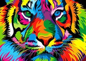 Abstrakt diamond paint af et tigerhoved i kraftfulde farver.