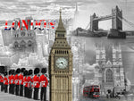 Diamond paint af Londons seværdigheder: Big Ben, Tower og London Bridge.
Sort, hvid og røde farver.
