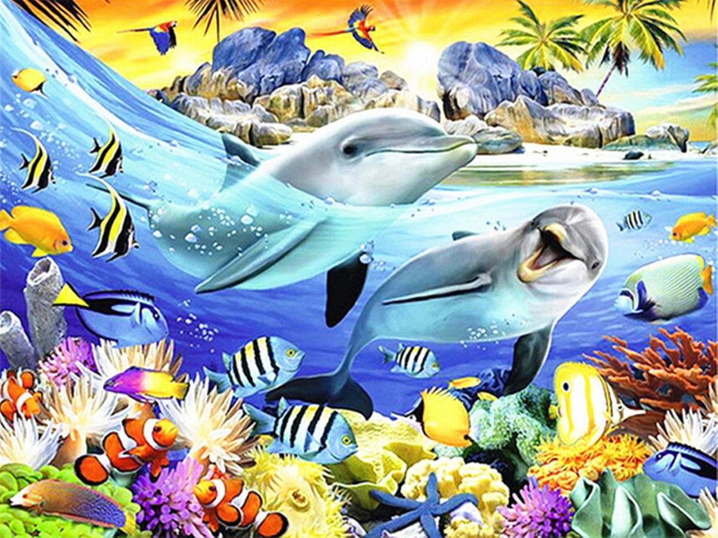 Diamond paint af to delfiner omgivet af tropiske fisk og koraller. Solskin, palmetræer og papegøjer.