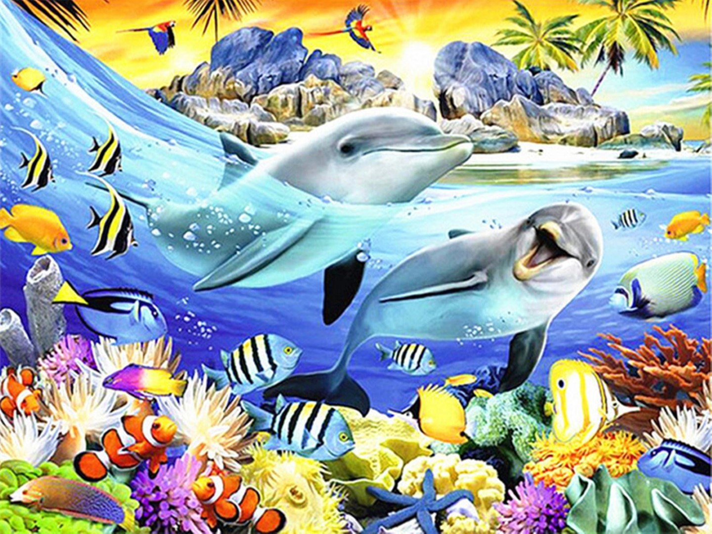 Diamond paint af to delfiner omgivet af tropiske fisk og koraller. Solskin, palmetræer og papegøjer.