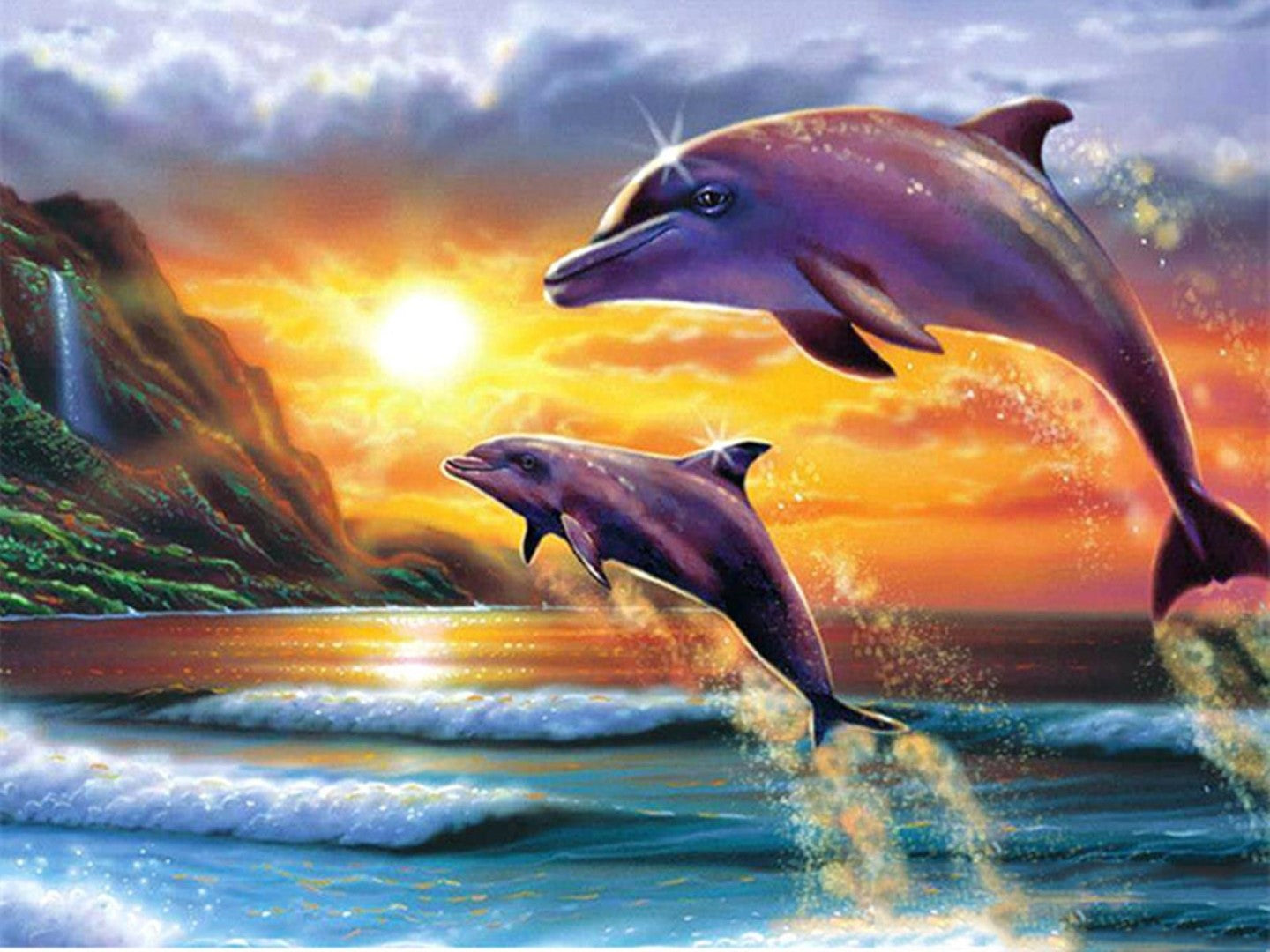 Diamond paint af springende delfiner med solnedgang over bjerge i baggrunden