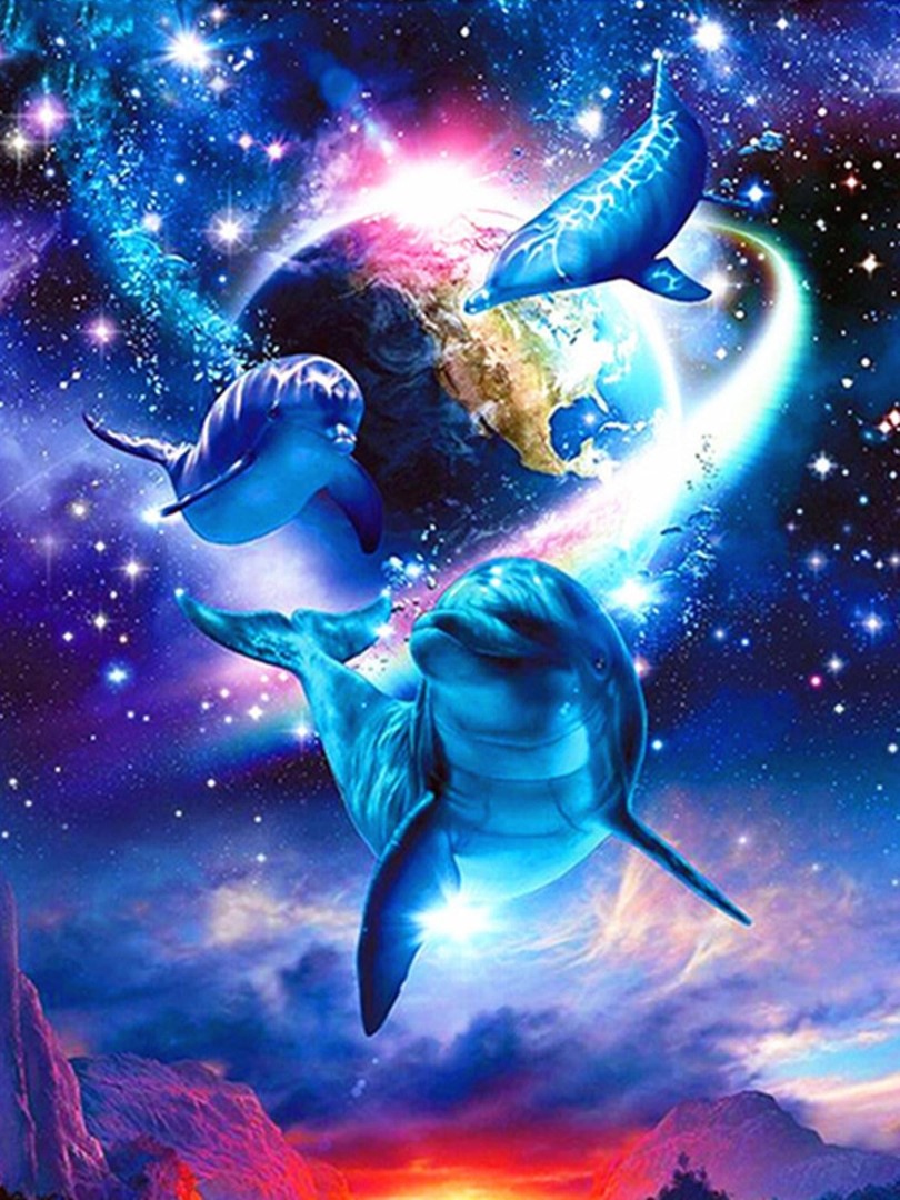 Fantasifuldt diamond paint af delfiner omkring Jorden. Omgivet af stjernehimmel og bjerge.