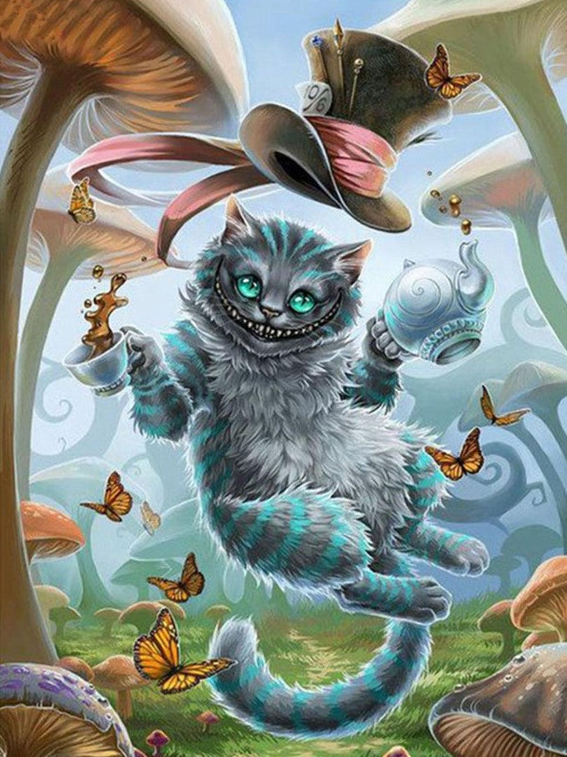 Diamond paint af Filurkatten fra Alice i Eventyrland. Svævende med høj hat og tekande.