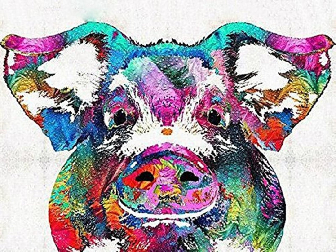 Abstrakt diamond paint af en gris med store ører, der har rullet sig i farveladen. Hvid baggrund.