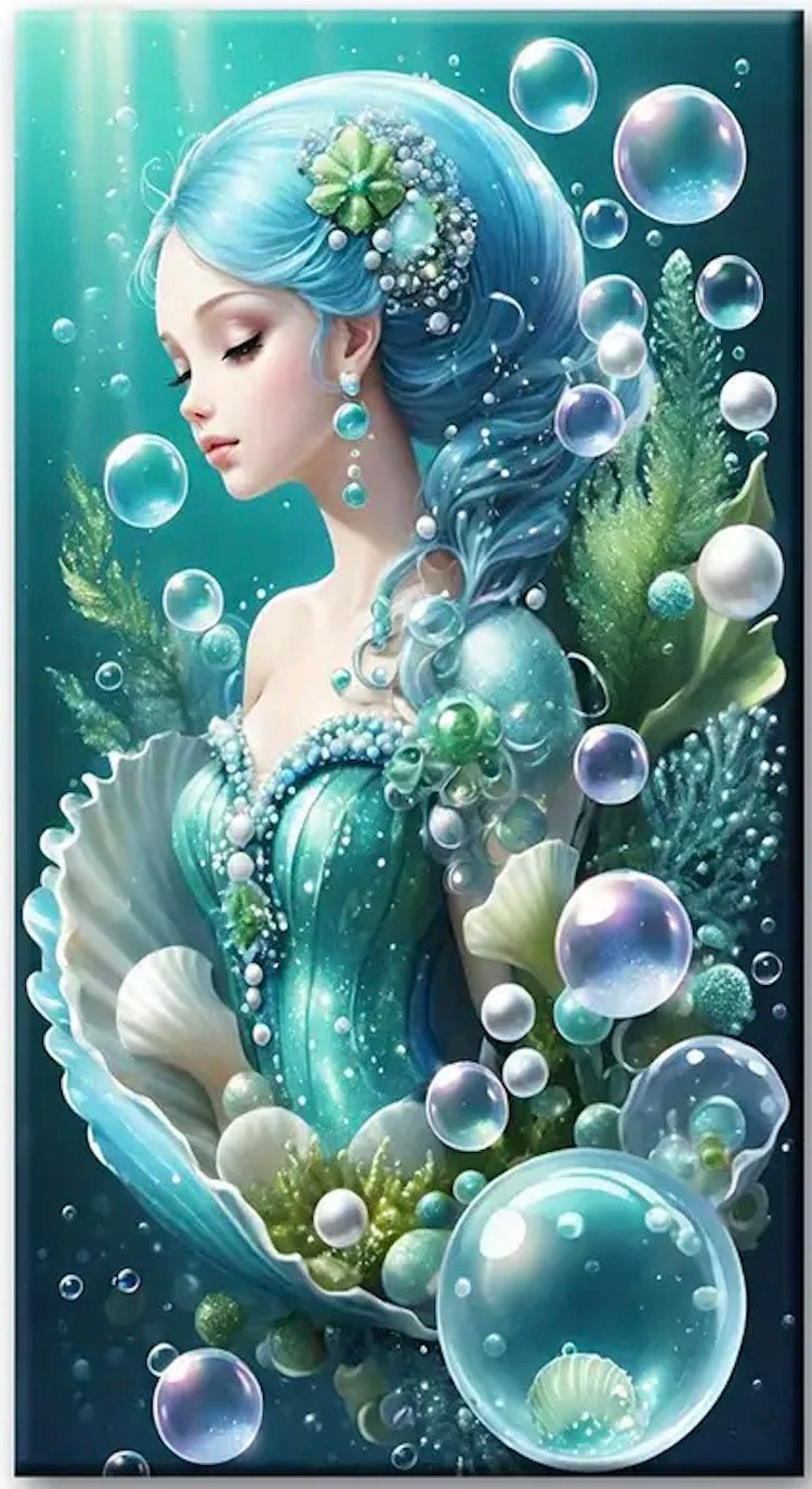 Diamond paint med AB-sten af en havfrue omgivet af bobler. Grønne og blå nuancer.