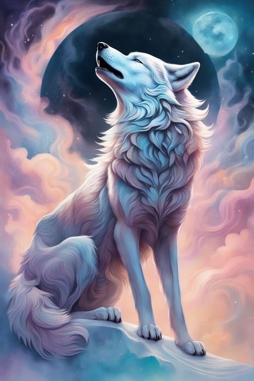 Diamond paint med hvid ulv. Lyserøde skyer og måne i baggrunden.
