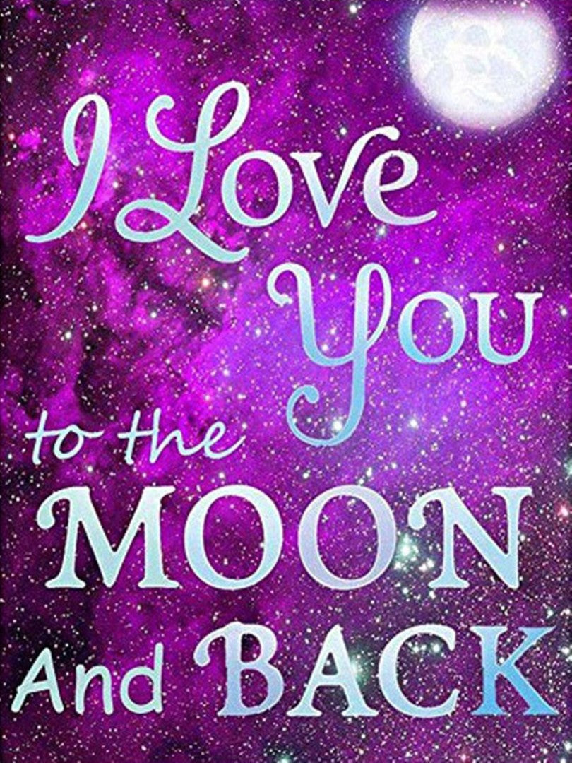Diamond paint med lilla baggrund med stjerner og månen. Citat: I love you to the moon and back.