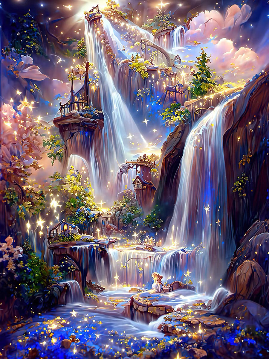 Diamond paint med glitrende vandfald og blinkende små lys.
Måler 45x60 cm.
Med AB-sten.
