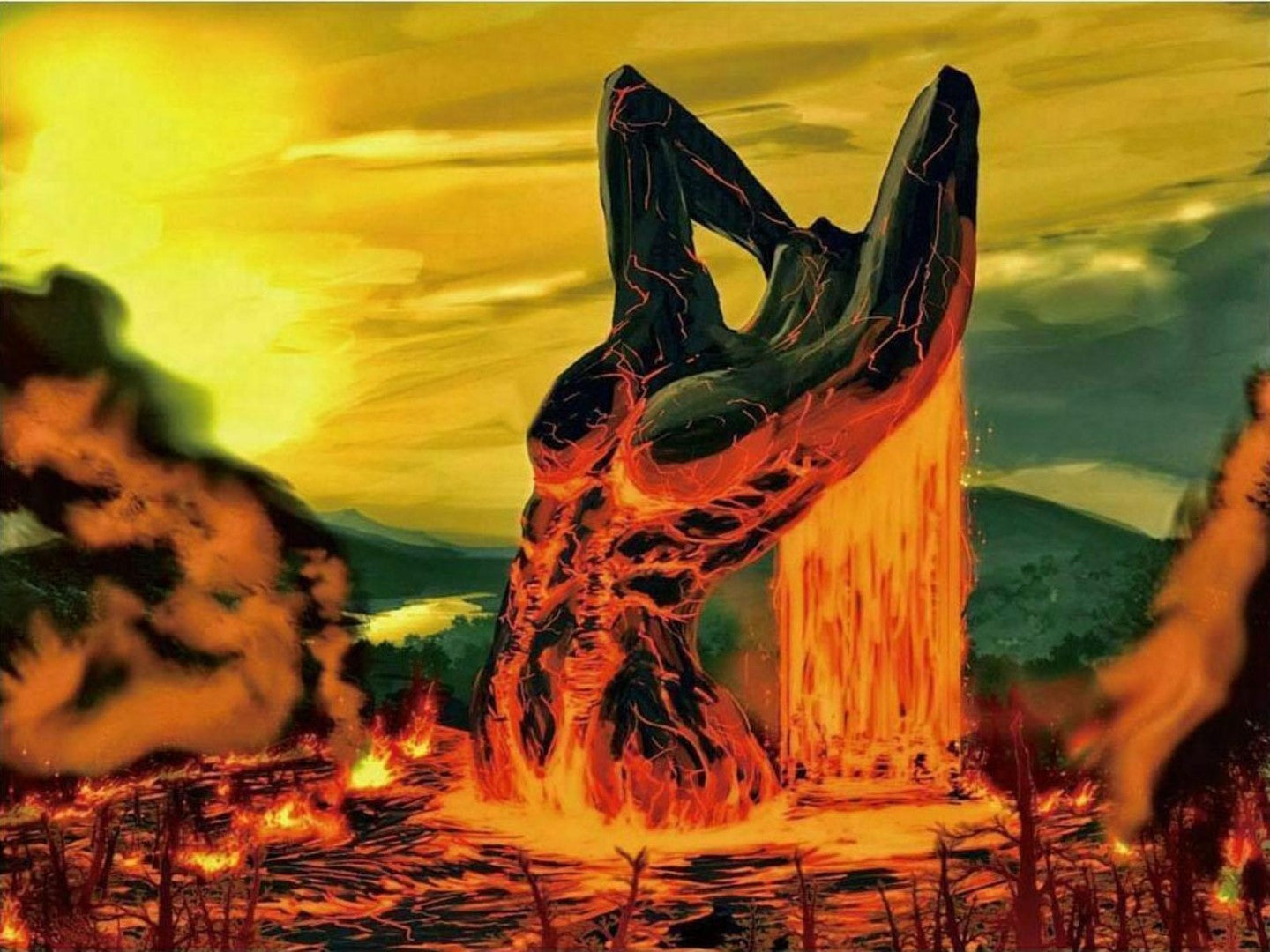 Sensuelt diamond paint af en bar kvinde, der kommer op af lava. Hendes hår ligner smeltet ild.