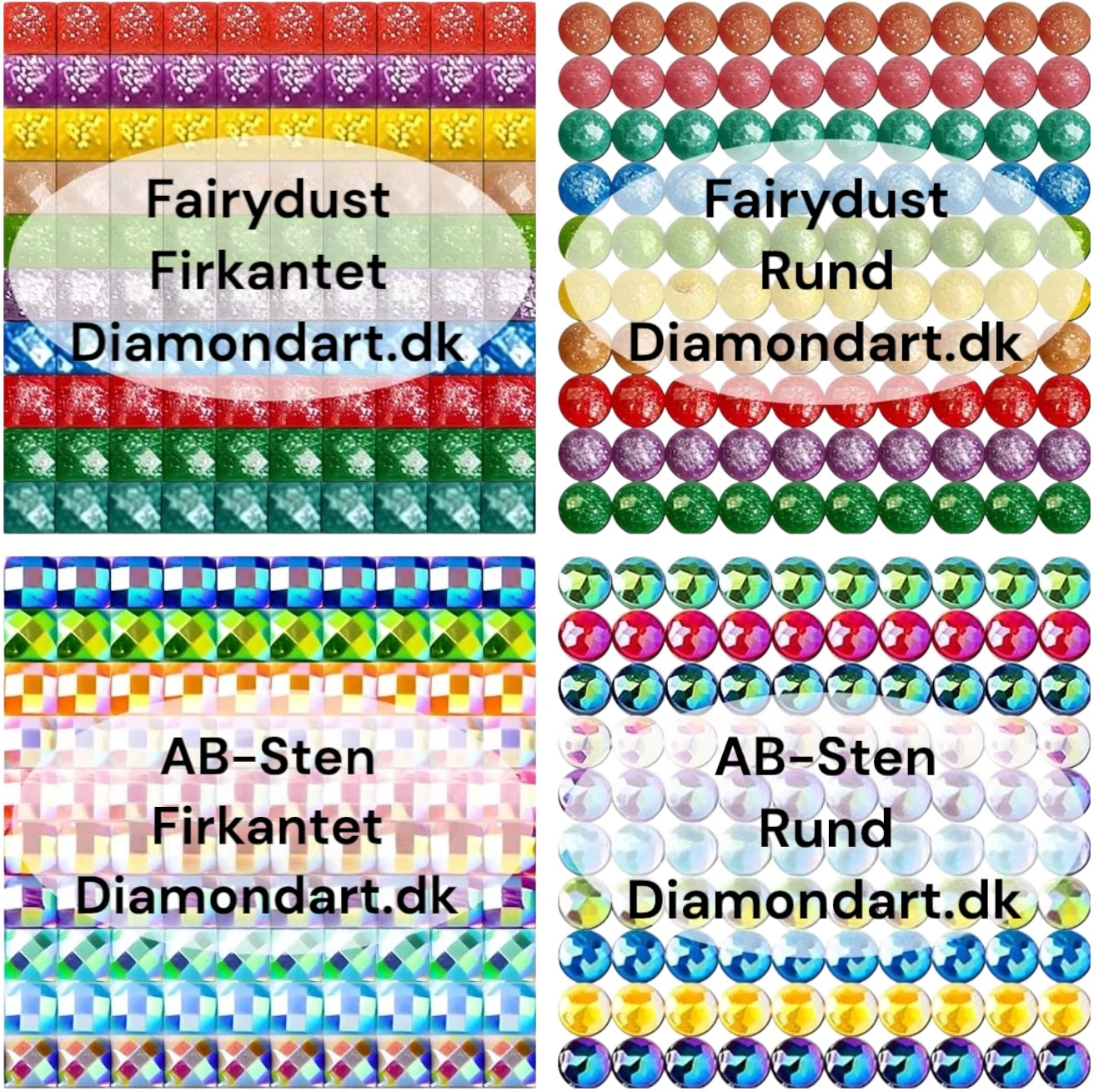 Oversigt over forskellen på Fairy Dust og AB-sten til diamond paint.