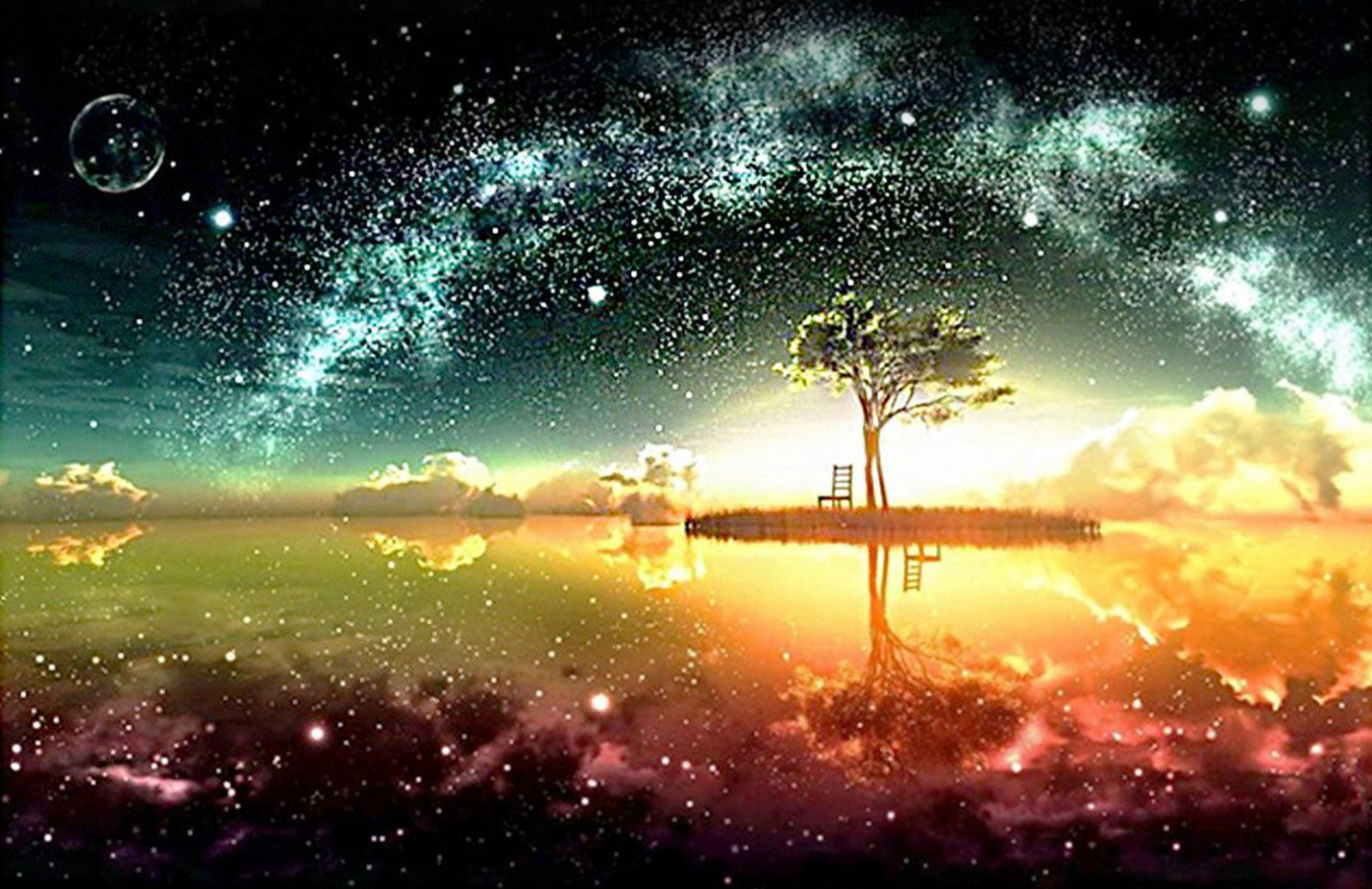 Vackert träd på ön med spegelreflektion