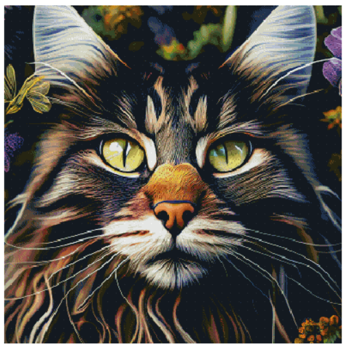 Diamond paint med AB-sten af en stribet kat med intense grønne øjne omgivet af blomster. Layout version.