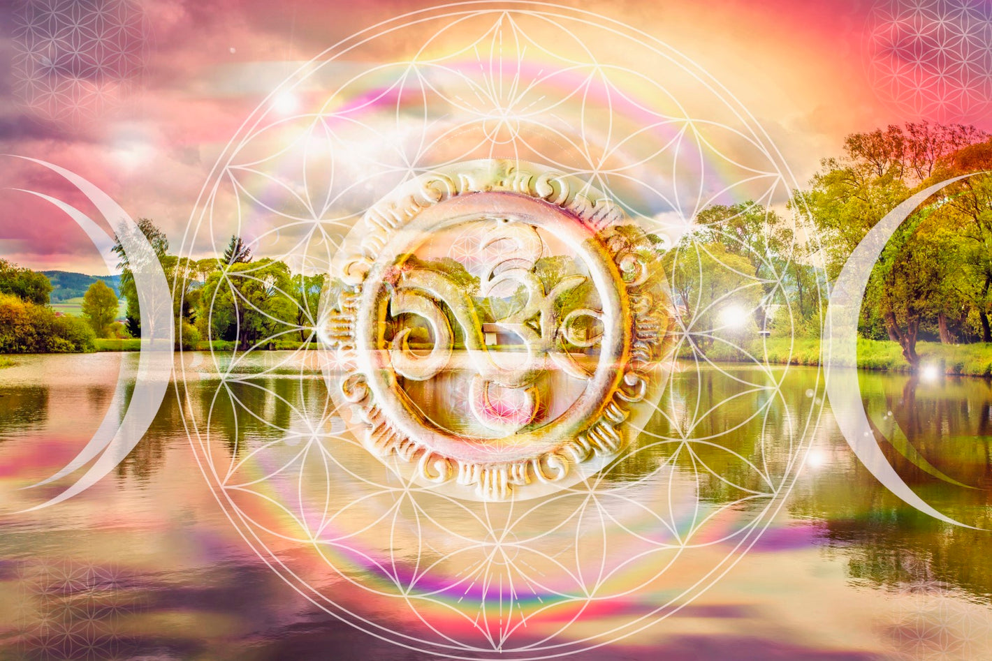 Diamond paint af spirituelt tegn på naturbaggrund. Farvetonerne er gule, lyserøde og grønne.