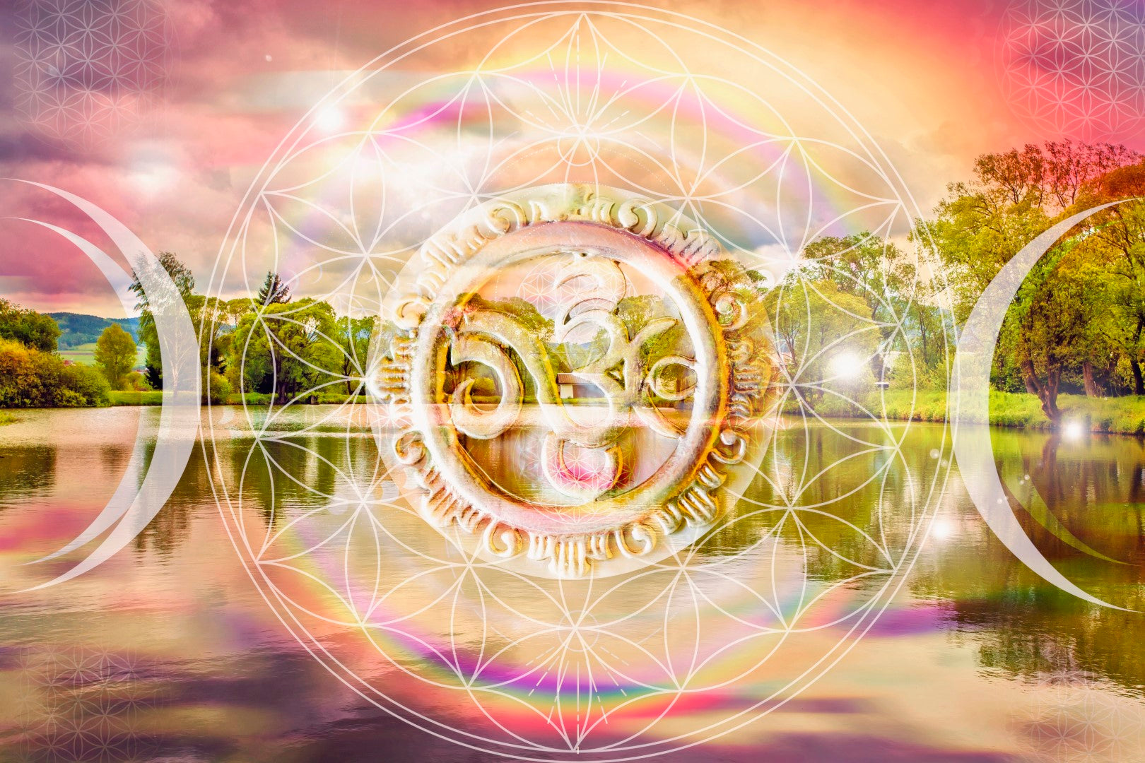 Diamond paint af spirituelt tegn på naturbaggrund. Farvetonerne er gule, lyserøde og grønne.