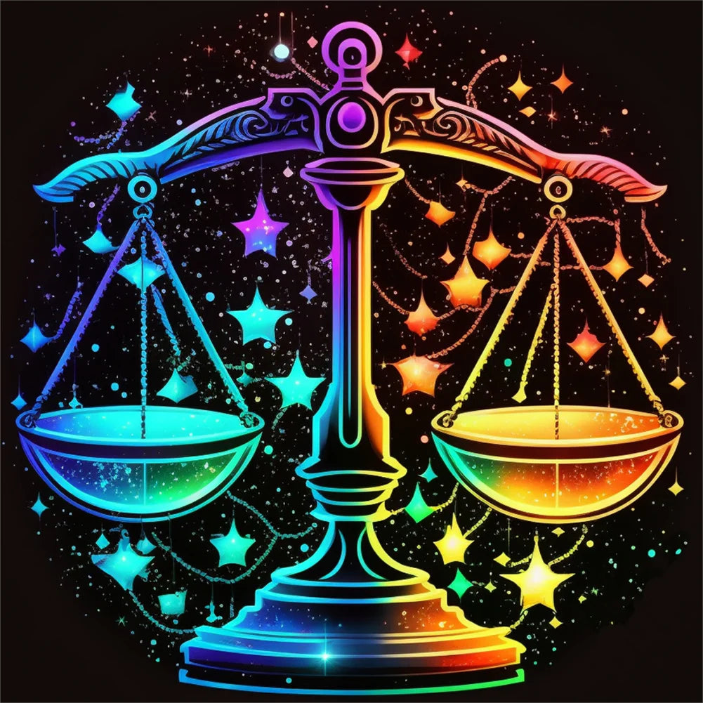 Diamond paint med stjernetegnet Vægten. Glimtende og farverig vægt med vægtskåle på sort baggrund.