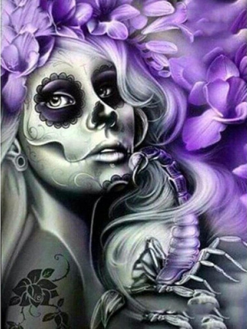 Diamond paint af kvinde med sugar skull og lilla blomsterhår.