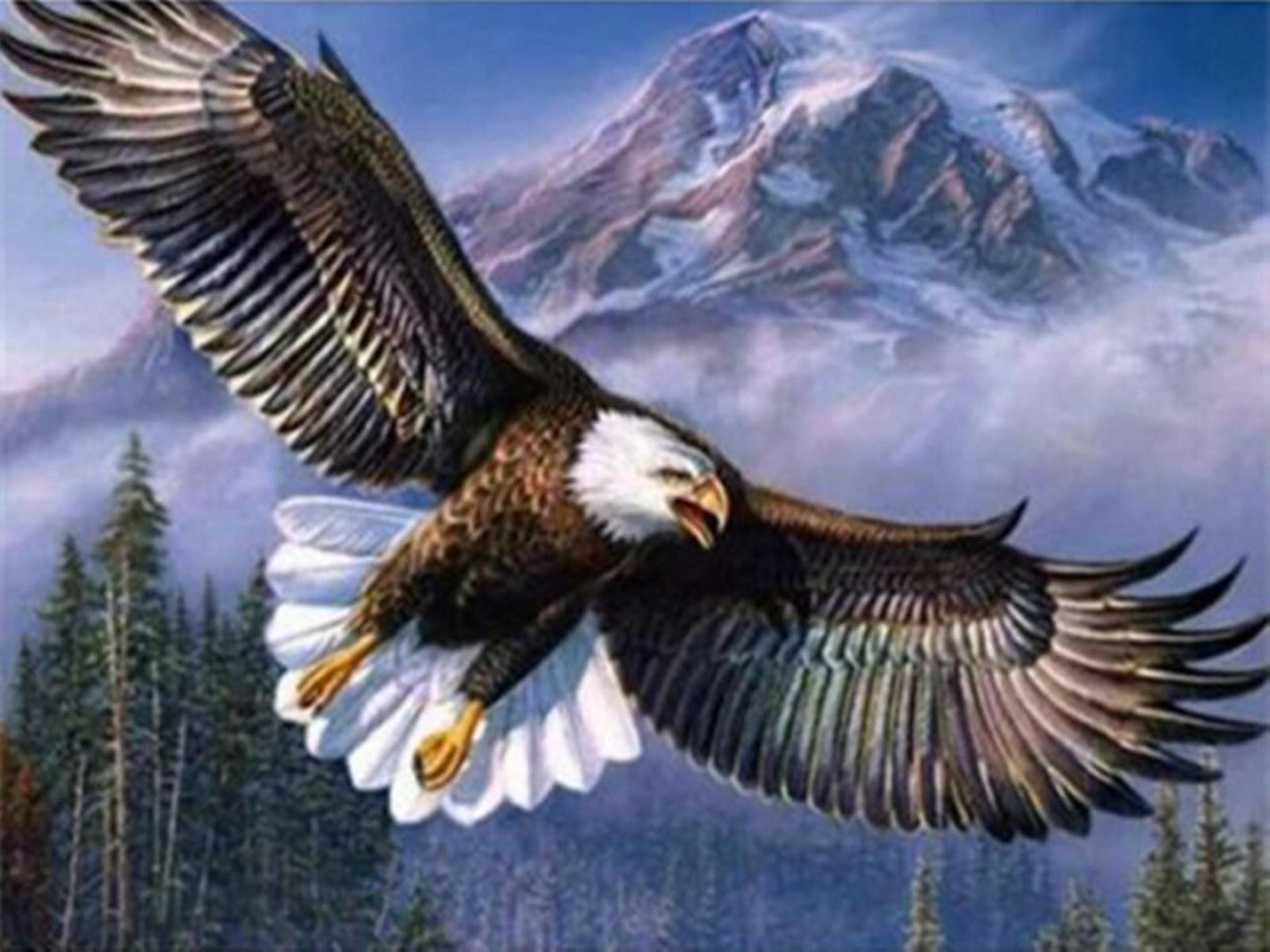 Diamond paint af en ørn med spredte vinger, der svæver igennem et bjerglandskab.