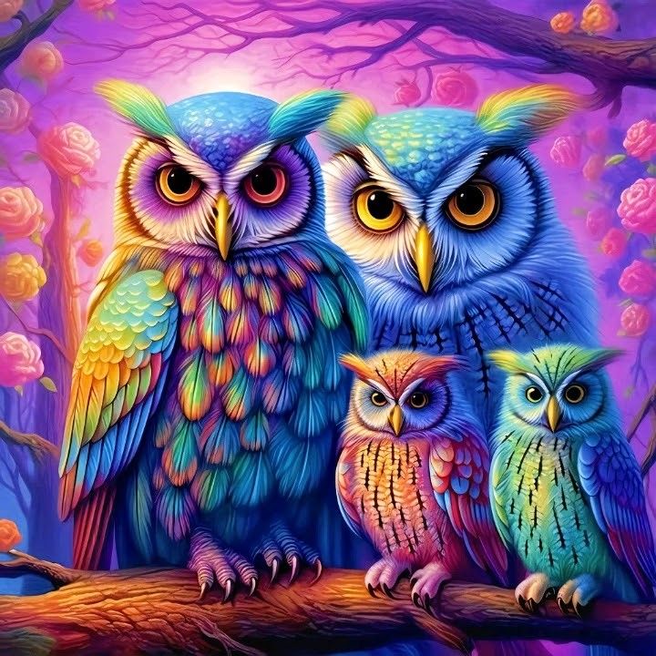 Diamond paint af en uglefamilie - 2 voksne og 2 unger. Stærke farver.