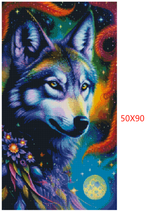 Diamond paint af en ulv i lilla nuancer. Omgivet af stjerner, månen og blomster. Layout version i 50x90 cm.
