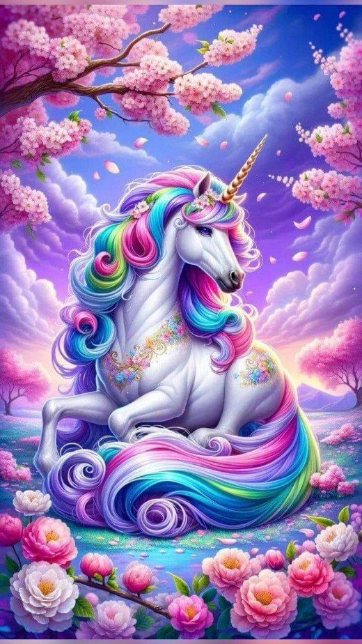 Enhörning omgiven av blommor och körsbärsträd