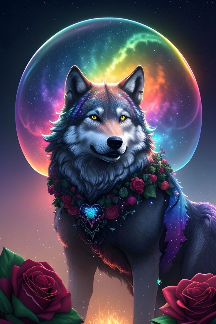 Varg med färgrik måne i bakgrunden