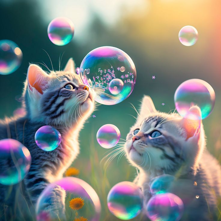 Kattungar som leker med bubblor