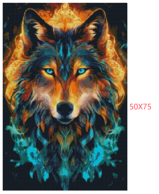 Diamond paint af hovedet af en ulv med turkisblå øjne omgivet af flammer. Layout version.