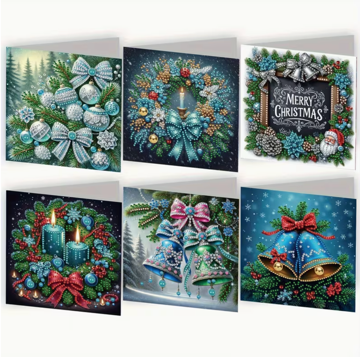 6 forskellige diamond paint julekort i kølige farver.