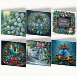 6 forskellige diamond paint julekort i kølige farver.