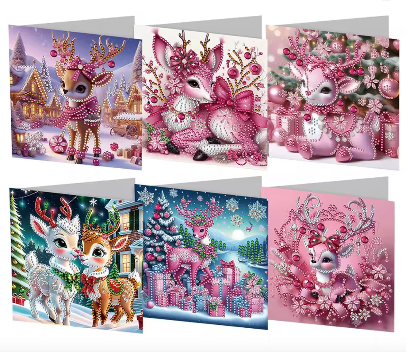 6 stk diamond art julekort med dådyr. Mål: 30x15 cm. Skal foldes på midten.