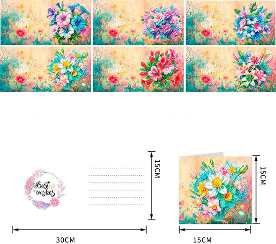 6 stk blomsterkort med diamond art. Mål: 15x30 cm. Foldes på midten.