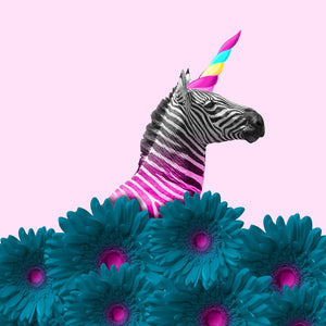 Abstrakt diamond paint af en zebra med flerfarvet enhjørningehorn omgivet turkise gerberablomster.