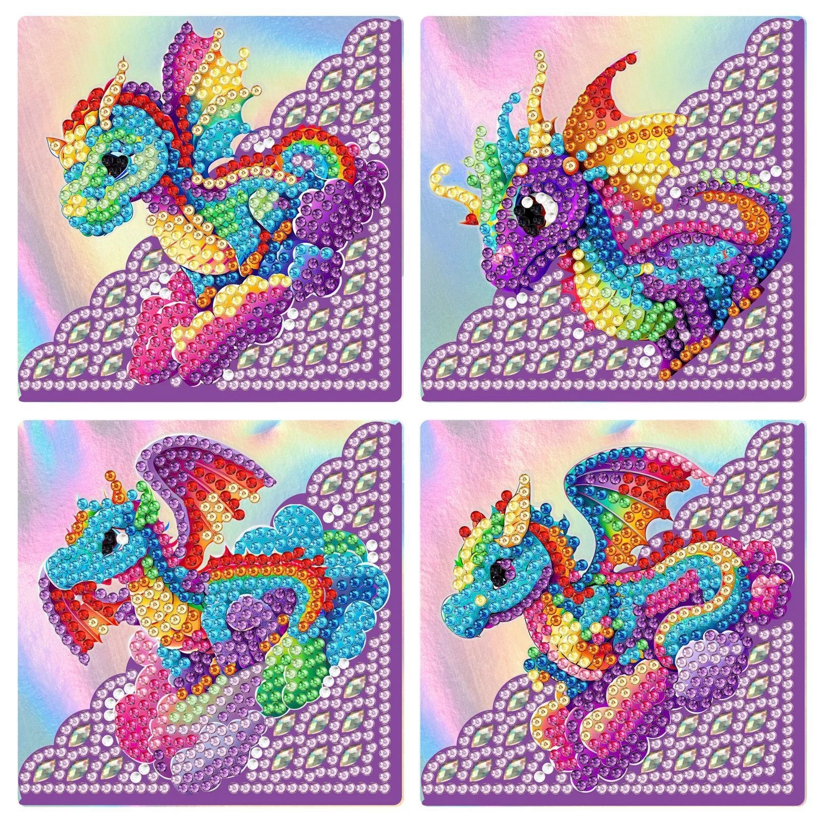 4 stk bogmærker med diamond painting. Placeres på hjørnet af bogen. Dragemotiv med masser af farver.