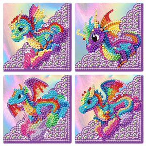 4 stk bogmærker med diamond painting. Placeres på hjørnet af bogen. Dragemotiv med masser af farver.