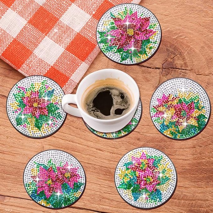 Diamond painting drikkebrikker med farverige juleblomster.