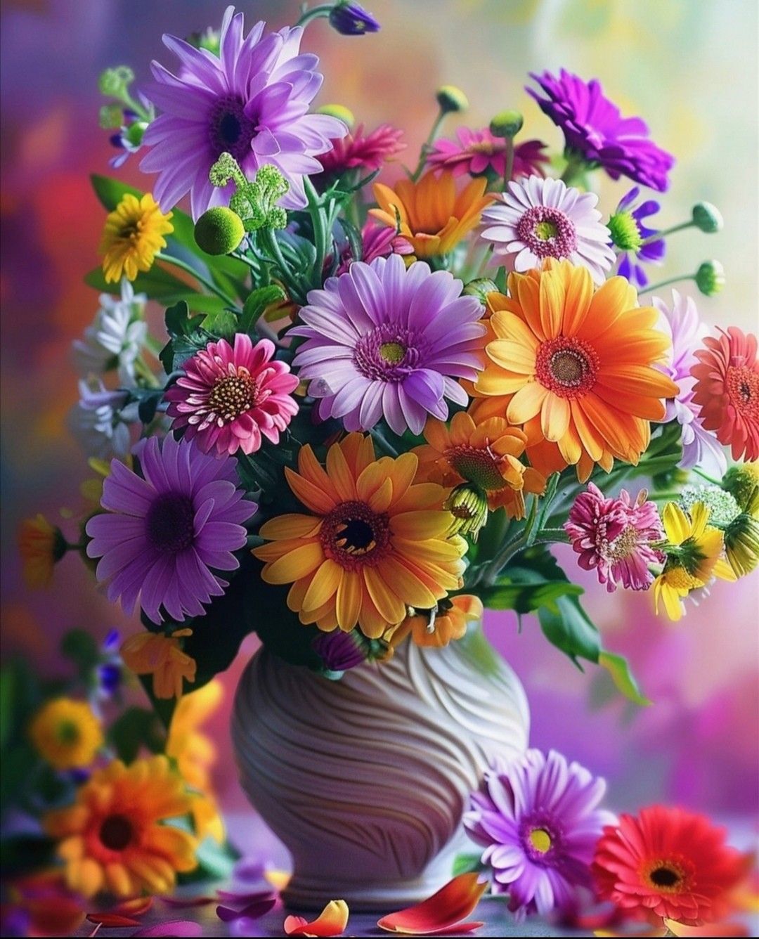 Diamond paint med AB-sten. Farverig buket med blandede blomster - Primært lilla og orange.