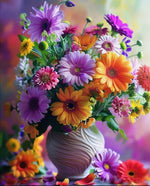 Diamond paint med AB-sten. Farverig buket med blandede blomster - Primært lilla og orange.