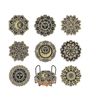 Diamond paint bordskånersæt til drikkevarer med holder. 8 forskellige design i sort og guld.