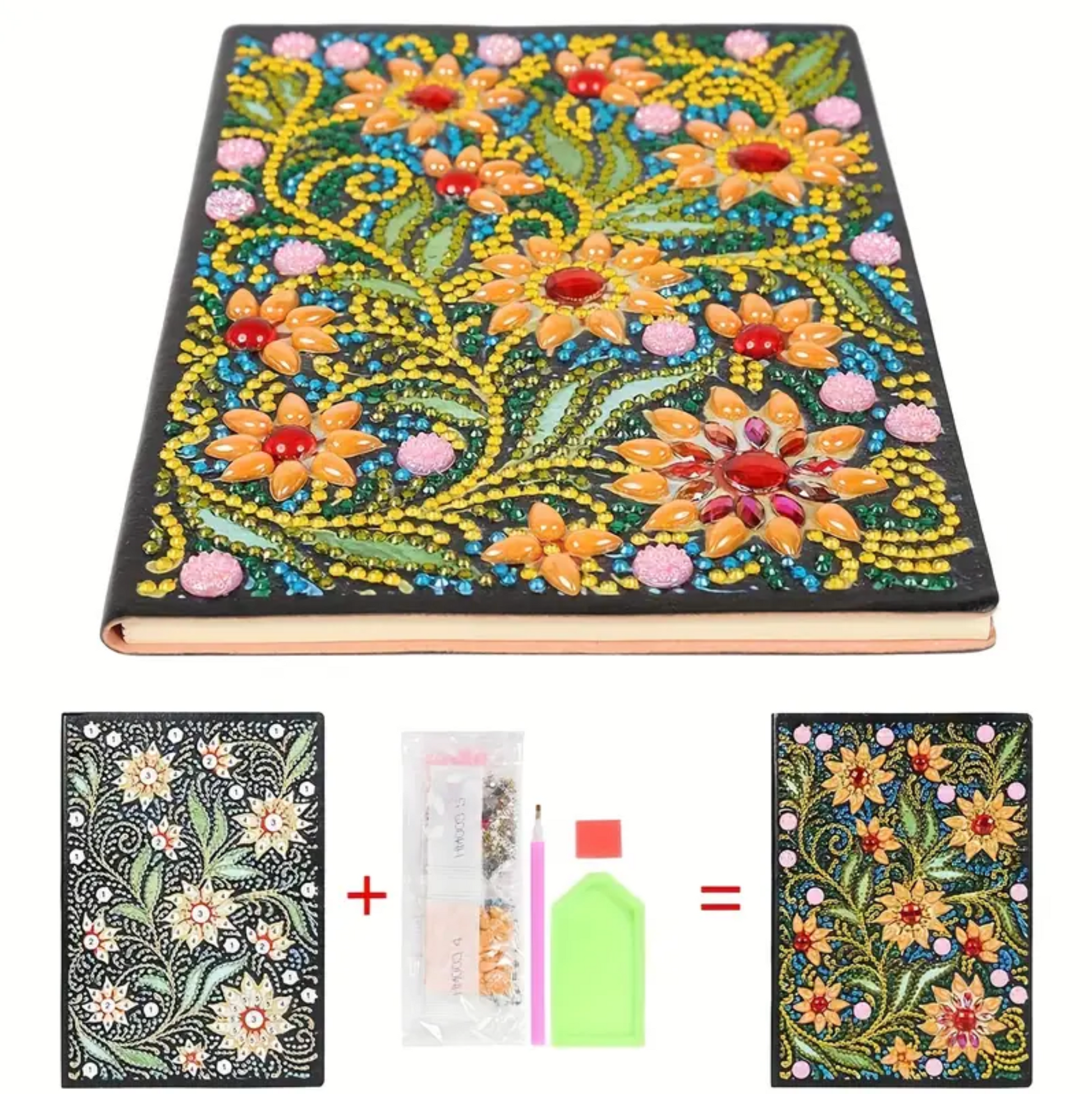 Indhold i diamond paint kit. Notesbog før og efter påsætning af diamanter.