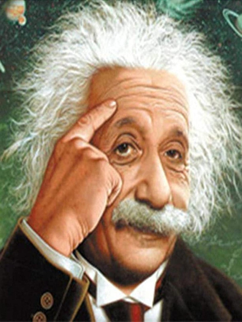 Diamond painting af Albert Einstein med vildt gråt hår og en finger mod panden.