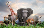 Diamond painting af en dyreflok bestående af: Elefant, tiger, giraf, løve, emu, zebra og næsehorn.