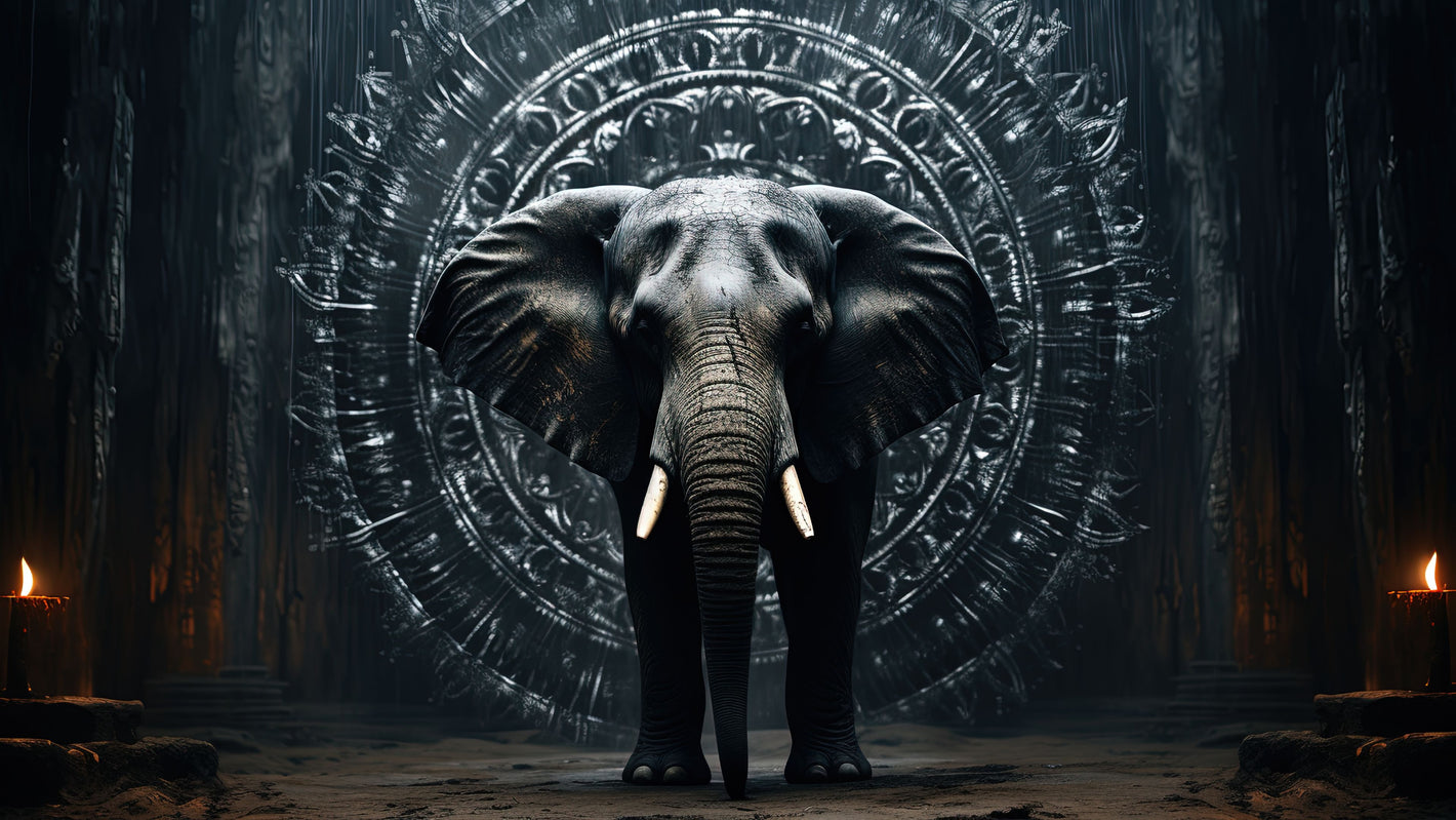 Diamond painting af elefant foran rund tempelport. Mørkegrå nuancer. Måler 45x80 cm