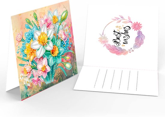 Blomsterkort med diamond painting. Mål: 15x30 cm. Foldes på midten.