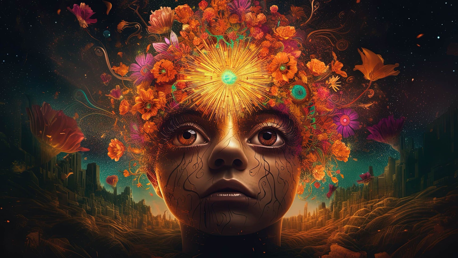 Futuristisk diamond painting af pige med blomsterhår på baggrund af stjernehimmel og ørkenlandskab.