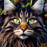 Diamond painting med AB-sten af en stribet kat med intense grønne øjne omgivet af blomster.