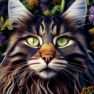 Diamond painting med AB-sten af en stribet kat med intense grønne øjne omgivet af blomster.
