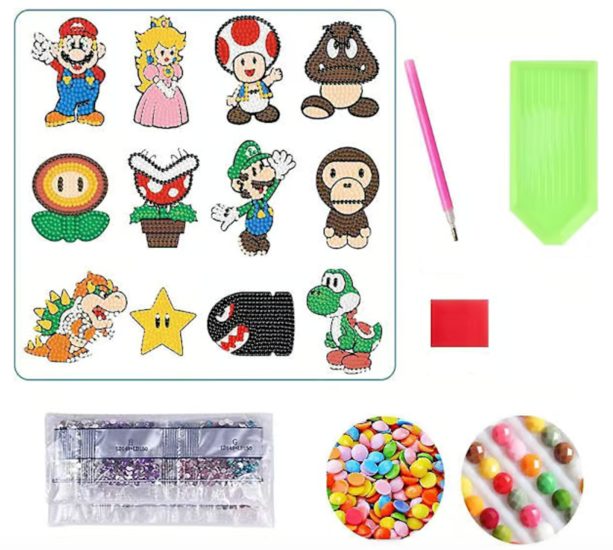 Diamond painting klistermærker med de velkendte figurer fra Super Mario. DIY til børn og begyndere.