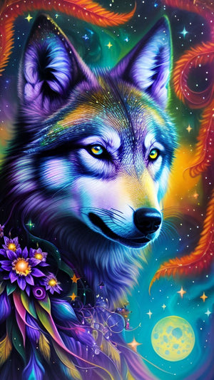 Diamond painting af en ulv i lilla nuancer. Omgivet af stjerner, månen og blomster.