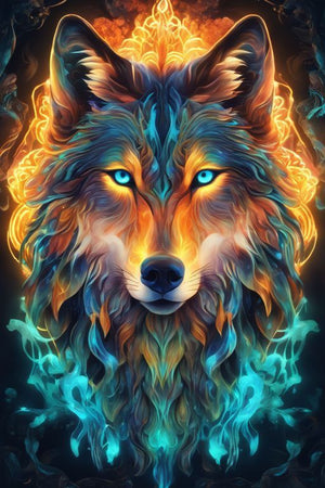 Diamond painting af hovedet af en ulv med turkisblå øjne omgivet af flammer.
